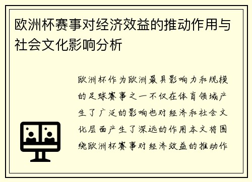 欧洲杯赛事对经济效益的推动作用与社会文化影响分析